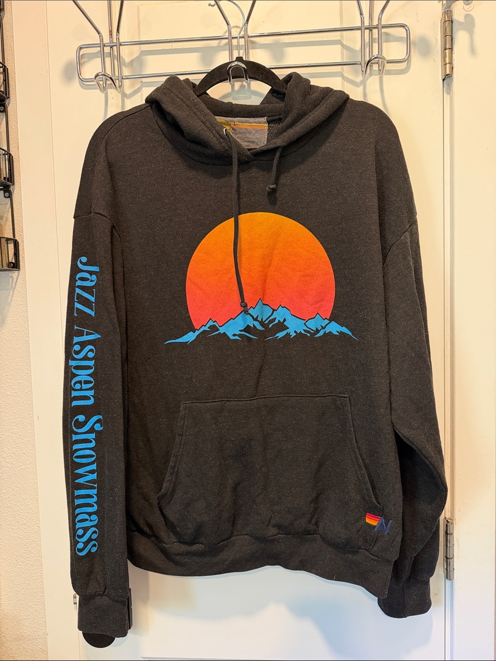 Aviator Nation Black Hoodie with Orange Sunset & Blue Mountain Graphic